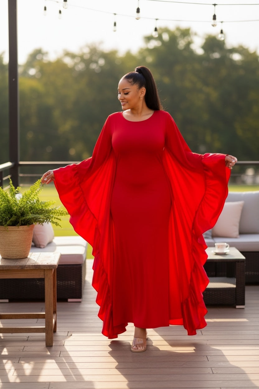 open lace back dress Red Plus Size Ruffle Wing Maxi Dress 2X / Red