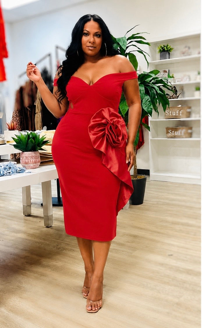 RED Midnight Bloom Off-Shoulder Midi Dress – Plus & Curvy Holiday Cocktail Dress RED / 3x