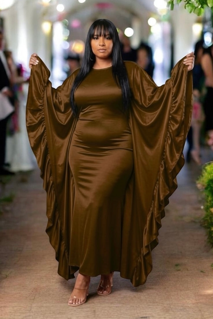 Chocolate Plus Size Ruffle Wing Maxi Dress 1x / Brown