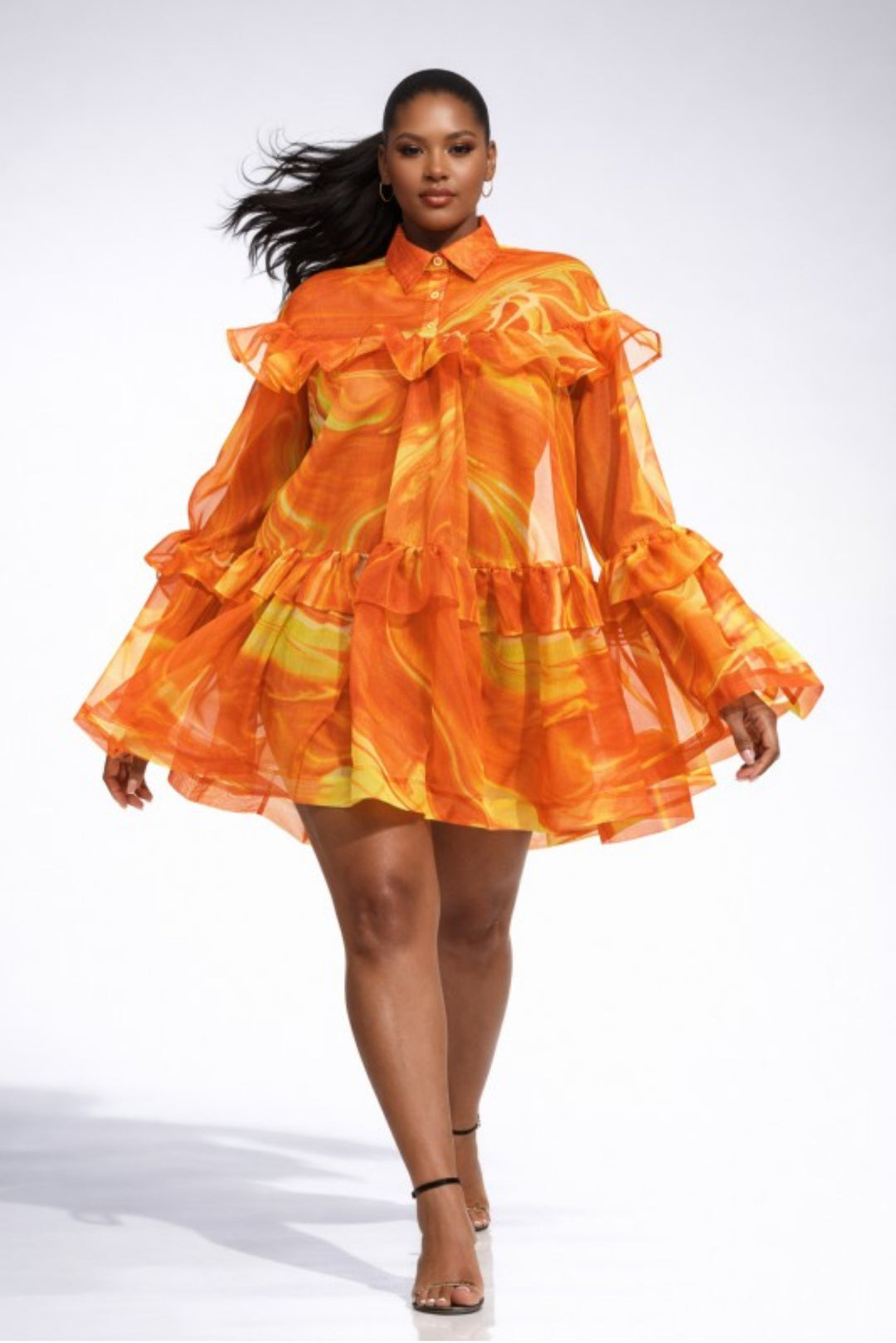 Sunset Energy Ruffle Mini Dress ☀️ ships 4/12 (Plus Size Orange Sheer Ruffle  Statement Dress)